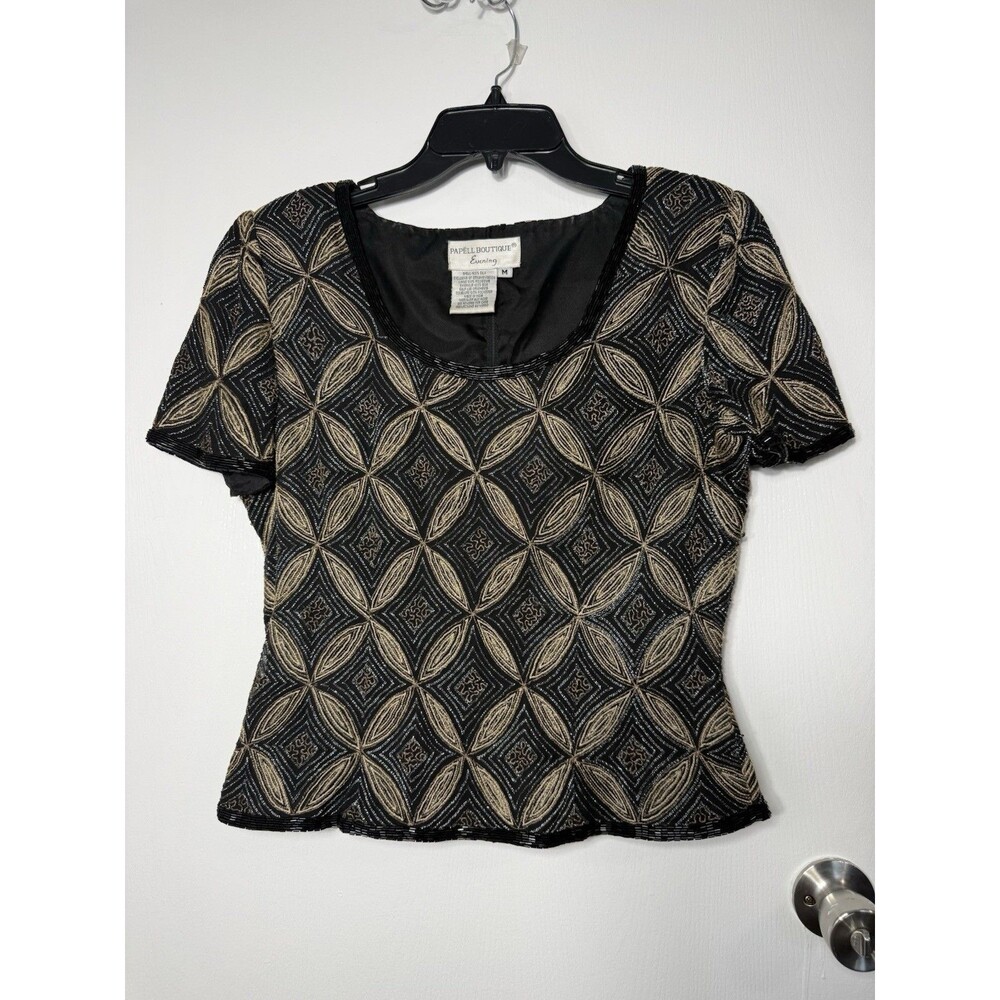 Vintage Paper Boutique Evening 100% Silk Beaded/ Formal Top Black/Gold, Size M